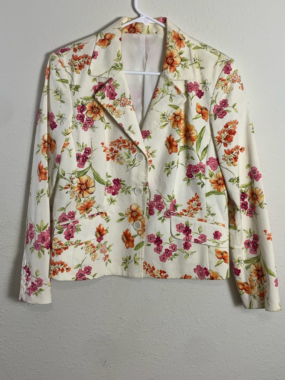 Vintage Style Floral Print Cotton Blazer Jacket Orange Pink Ivory Size M